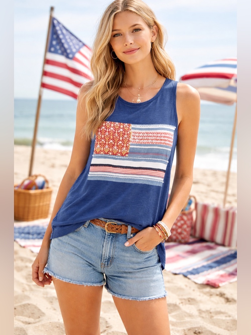 Lucky Brand Patriotic Flag Tank Top Medium Blue Americana 4th of July Cotton